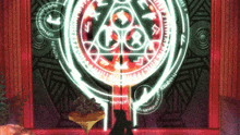 a black cat is standing in front of a glowing circle with a triangle in the center