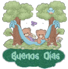 two teddy bears laying in a hammock with the words buenos dias