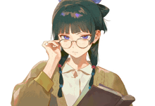 a girl with glasses is holding a book and adjusting her glasses