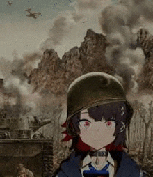 a girl wearing a helmet is standing in front of a tank in a battlefield .