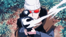 a man in a white hat and red sunglasses is holding a gun in his hands .