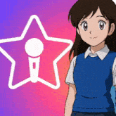 a cartoon girl in a blue vest is standing in front of a star with a microphone in it