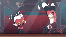 a couple of cartoon characters sitting in a car