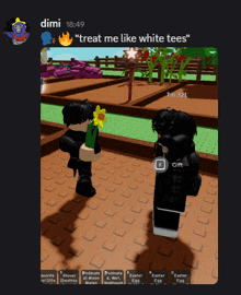 a screenshot of a video game with the words " treat me like white tees " at the top