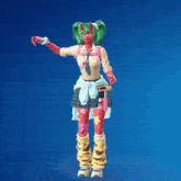 a girl with green hair and red face is dancing on one leg