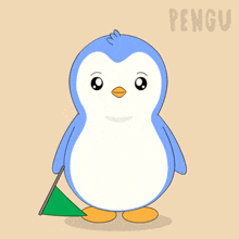 a blue and white penguin holding a green flag with the word pengu in the background