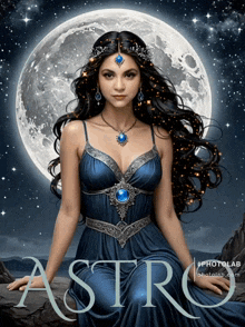a woman in a blue dress is sitting in front of a full moon and the word astro