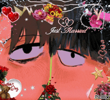 a valentine 's day greeting card with flowers and hearts and the words just married