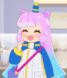 a cartoon girl with pink hair and a blue hat