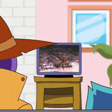 a cartoon character watches a basketball game on a tv