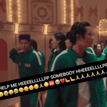 a group of people are standing in a room with a banner that says help me