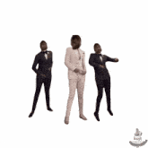 three men in tuxedos are dancing in front of a white background that says koji on it