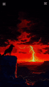 a painting of a wolf on a cliff with lightning