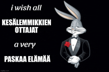 bugs bunny is wearing a tuxedo and has a red bow tie