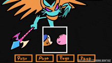 a cartoon drawing of a monster with the words " pay " on the bottom left