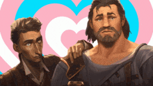 two men are standing next to each other in front of a heart
