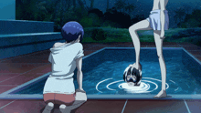 a couple of anime characters standing next to a swimming pool at night