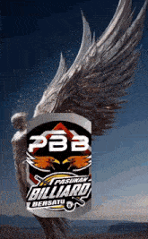 an advertisement for pasuruan billiard bersatu with a statue of an angel