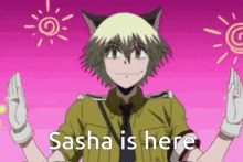 a cartoon character with a cat ear and the words sasha is here on the bottom
