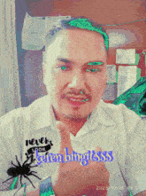 a man giving a thumbs up with the words never pok keren bingitssss