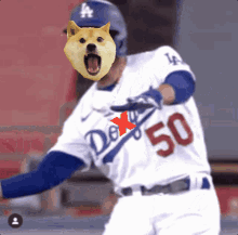 a dodgers baseball player with a dog face on his jersey