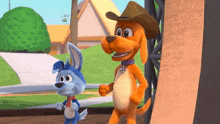 a dog and a rabbit are standing next to each other in a cartoon scene .