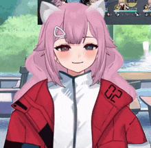 a girl with pink hair is wearing a red jacket with the number 02 on the sleeve