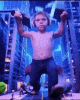a boy without a shirt is lifting a barbell in front of a city