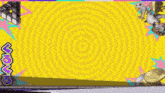 a girl with purple hair is holding a hammer in front of a yellow background .