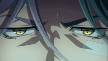 a close up of a person 's eyes with purple hair and yellow eyes