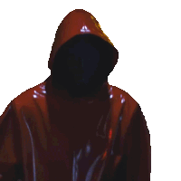 a person wearing a red hooded jacket with the letter a on the front