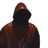 a person wearing a red hooded jacket with the letter a on the front