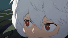 a close up of a cartoon character 's face with white hair and red eyes