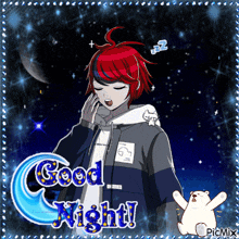 a picture of a boy sleeping with the words " good night " above him