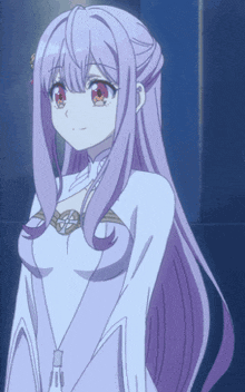 a girl with long purple hair and red eyes