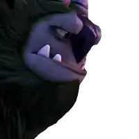 a close up of a cartoon character 's face with purple teeth