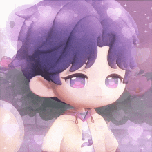 a cartoon character with purple hair and pink eyes is surrounded by hearts
