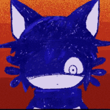a drawing of a blue cat with a big eye