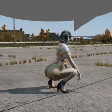 a woman wearing a helmet and high heels is squatting on the ground
