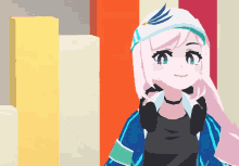 a cartoon girl with pink hair and headphones on