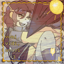 a picture of a girl with the words veni vidi amavi written on it