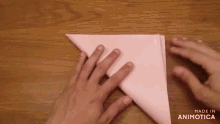 a person folding a piece of pink paper with the words made in animotica behind them