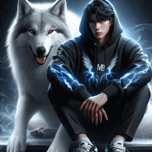 a man wearing a mb hoodie sits next to a wolf