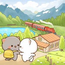 a cartoon drawing of two cats standing in front of a house and a train