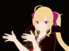a girl with blonde hair and purple eyes is wearing a black top