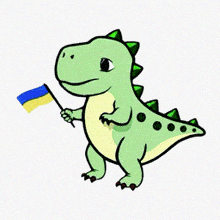 a green dinosaur is holding a blue and yellow flag