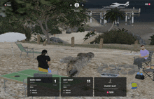 a screenshot of a video game shows two men sitting on the beach