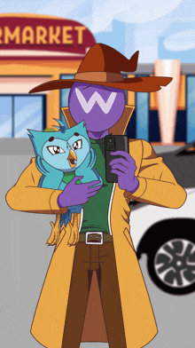 a cartoon character holding an owl and taking a selfie in front of a market