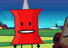 a cartoon drawing of a red pin with a face and arms and legs