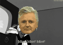 a cartoon character says " idiot idiot idiot " in front of a tv